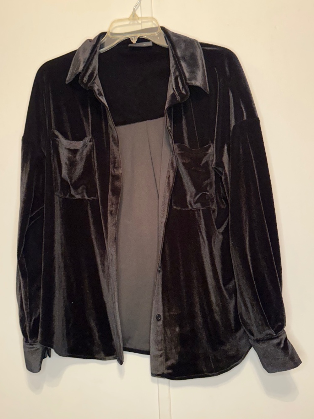 VICI Black Velvet Button Down Shirt Oversized Shacket Blouse Pocket Small S